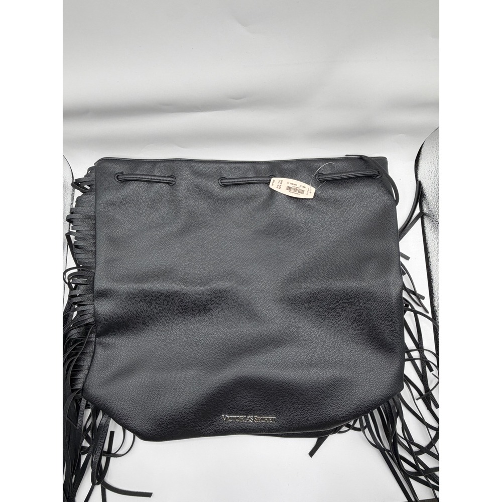 Victoria's Secret Fringe Fashion Show Backpack Bucket Bag Black Faux Leather NEW - Picture 2 of 9